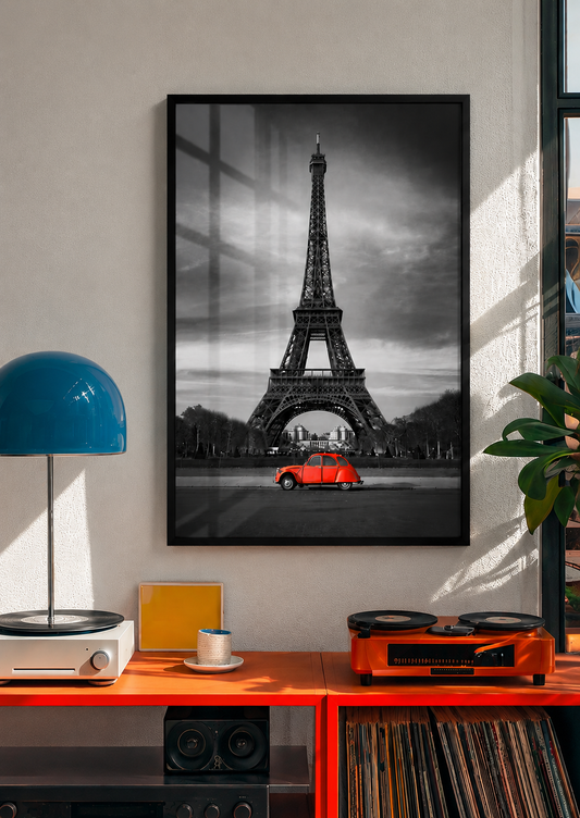 Eiffel Tower With Red Vintage Car