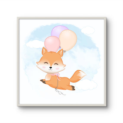 Smiling Fox Flying with Pastel Balloons