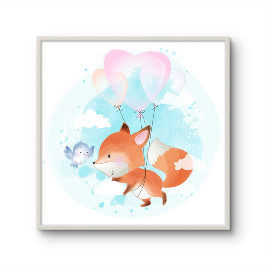 Fox and Little Bird with Heart Balloons