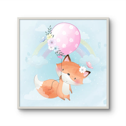 Fox with Floral Balloon and Rainbow