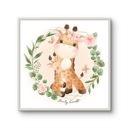 Giraffe and Baby in Botanical Frame