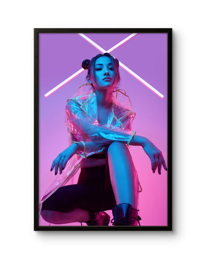 Neon Girl Sitting Cyberpunk Fashion Poster