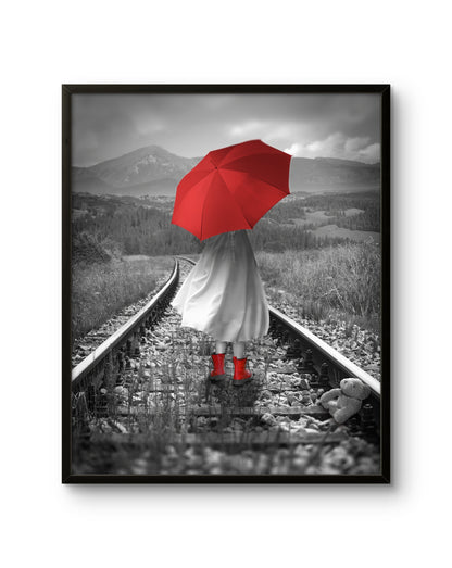 Girl With Red Umbrella on Tracks