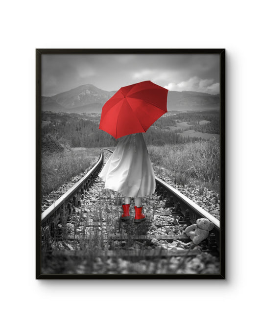 Girl With Red Umbrella on Tracks