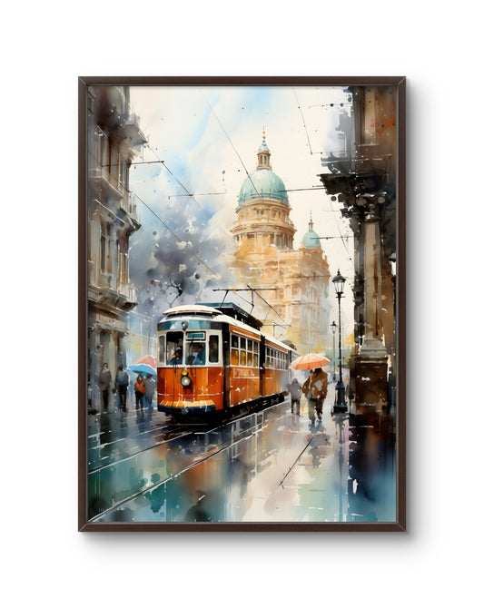 Golden Tram in the Rain