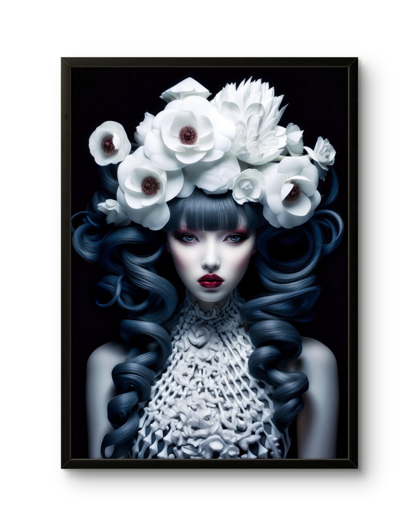 White Floral Goddess Blue Hair Fantasy Portrait