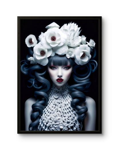 White Floral Goddess Blue Hair Fantasy Portrait