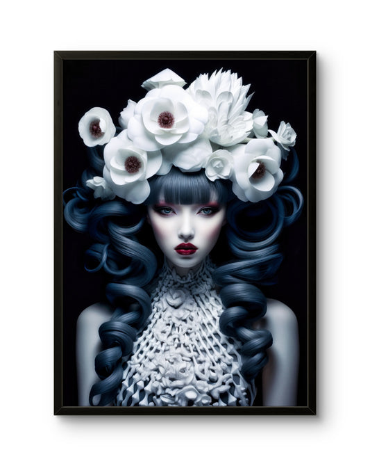 White Floral Goddess Blue Hair Fantasy Portrait
