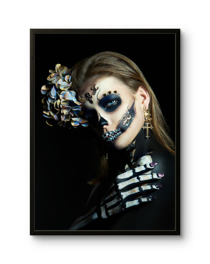 Blue Skull Makeup Portrait Skeleton Hand & Floral Headpiece