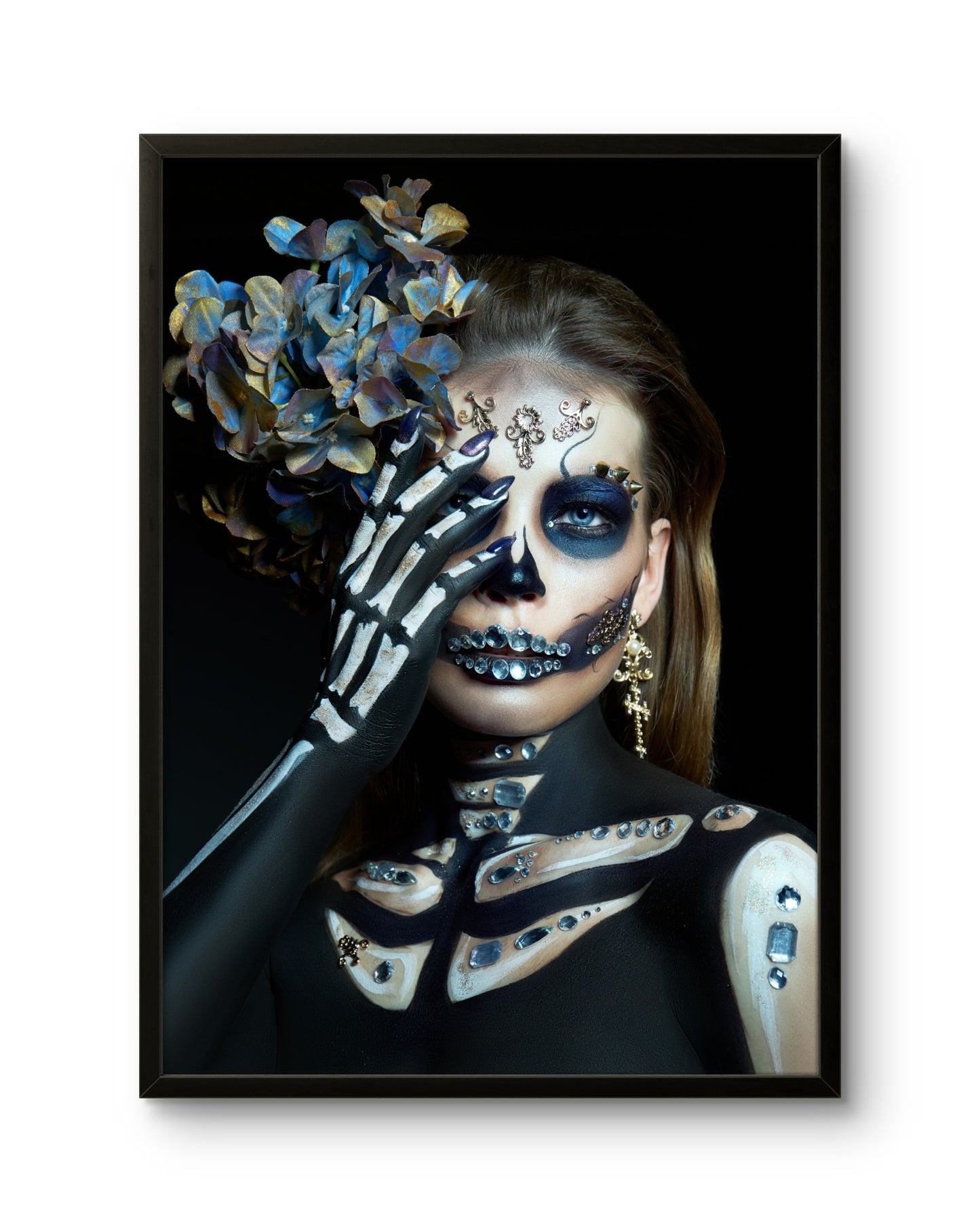 Skeleton Face Art Blue Flowers & Crystal Details