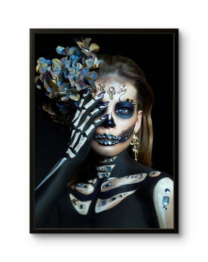 Skeleton Face Art Blue Flowers & Crystal Details