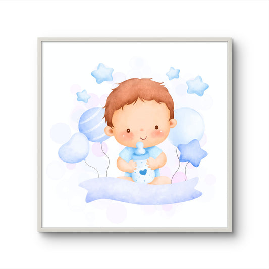 Smiling Baby with Bottle and Balloons