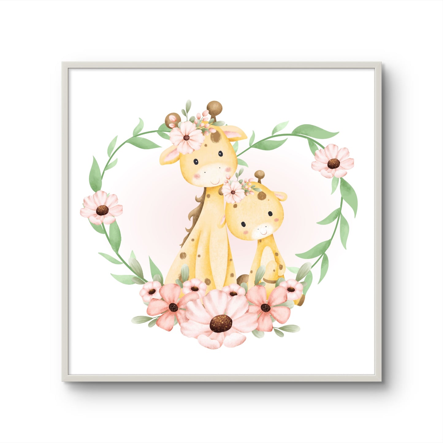 Giraffe Mother and Baby in Floral Wreath