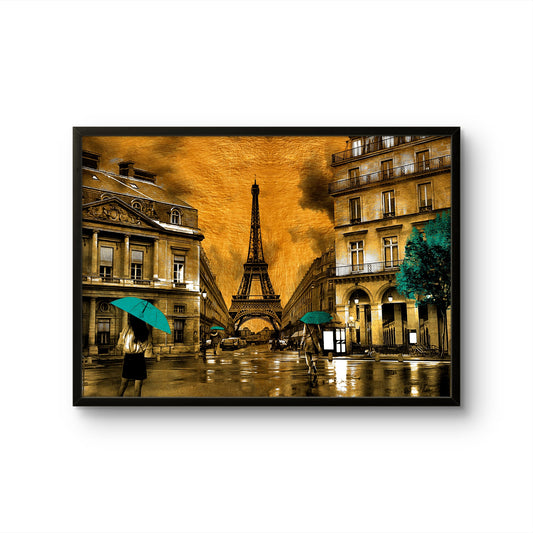 Paris in Gold Eiffel Tower Street Scene with Teal Accents