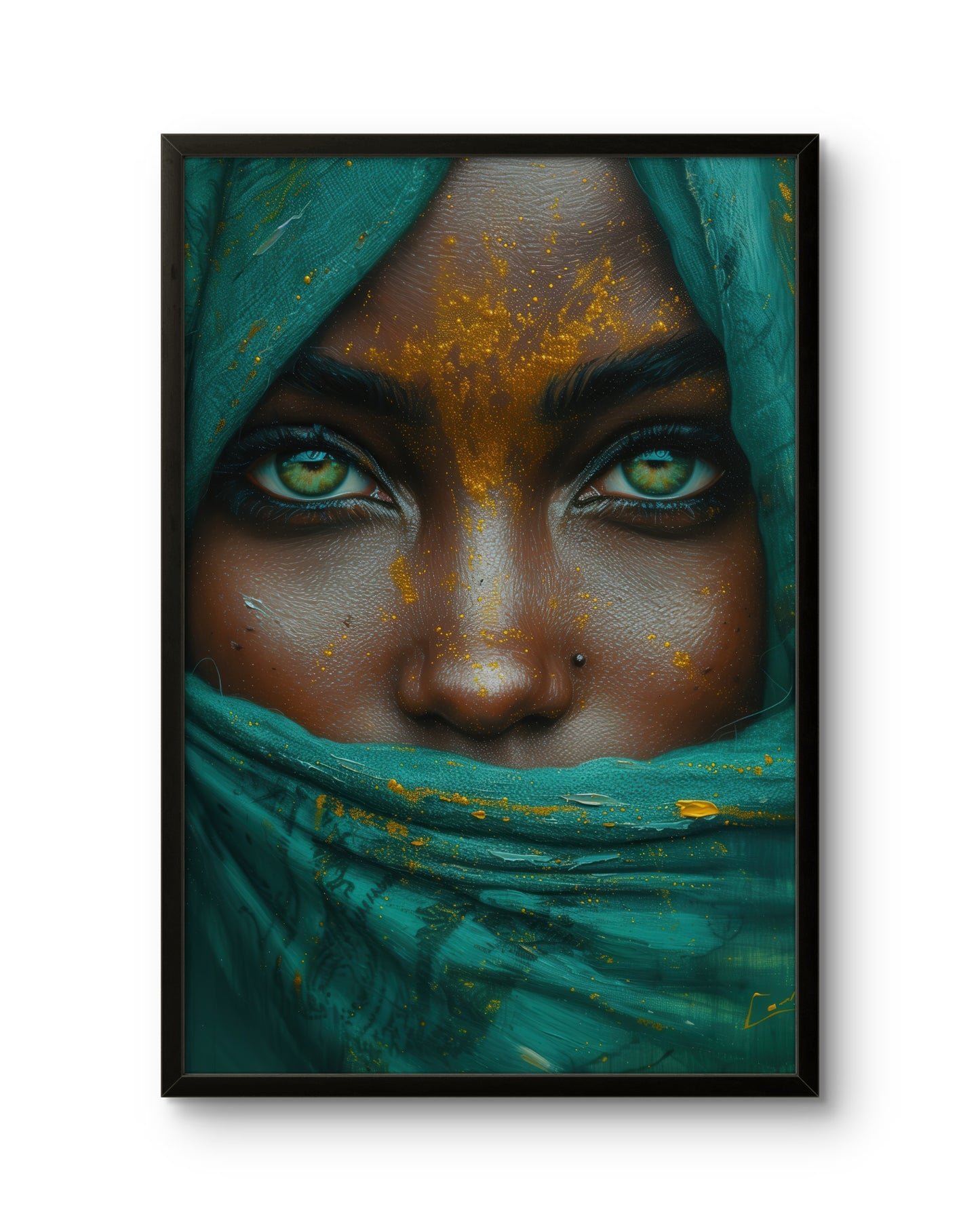 African Woman Portrait Green Veil & Gold Dust Art
