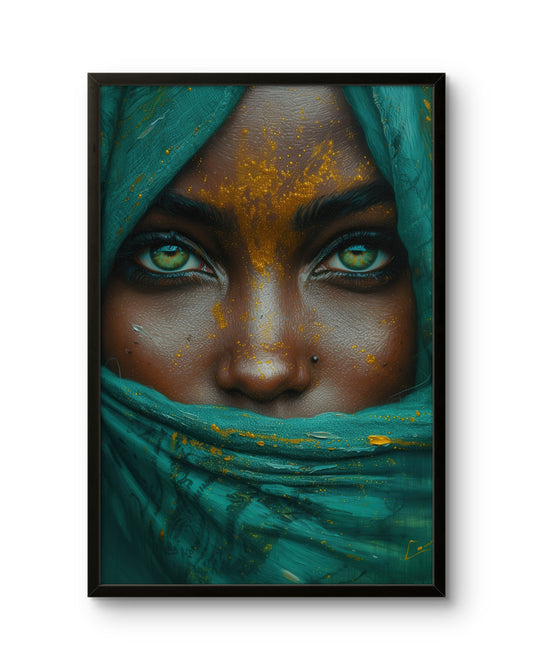 African Woman Portrait Green Veil & Gold Dust Art
