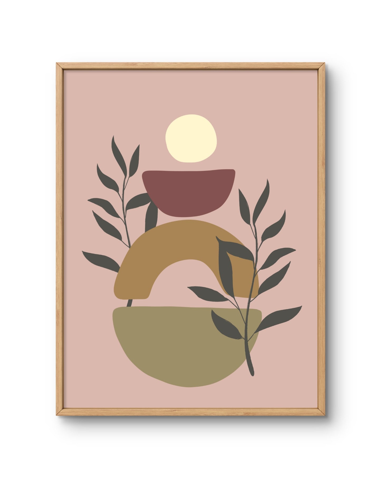 Stacked Abstract Shapes with Leaves on Blush Background