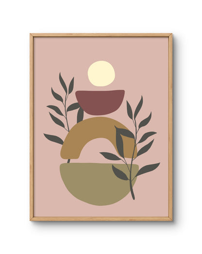 Stacked Abstract Shapes with Leaves on Blush Background