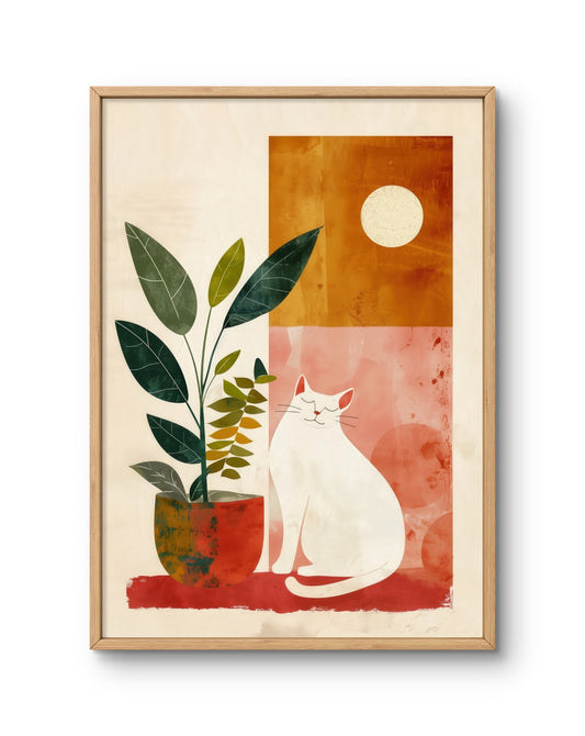 White Cat with Plant and Sun Shapes