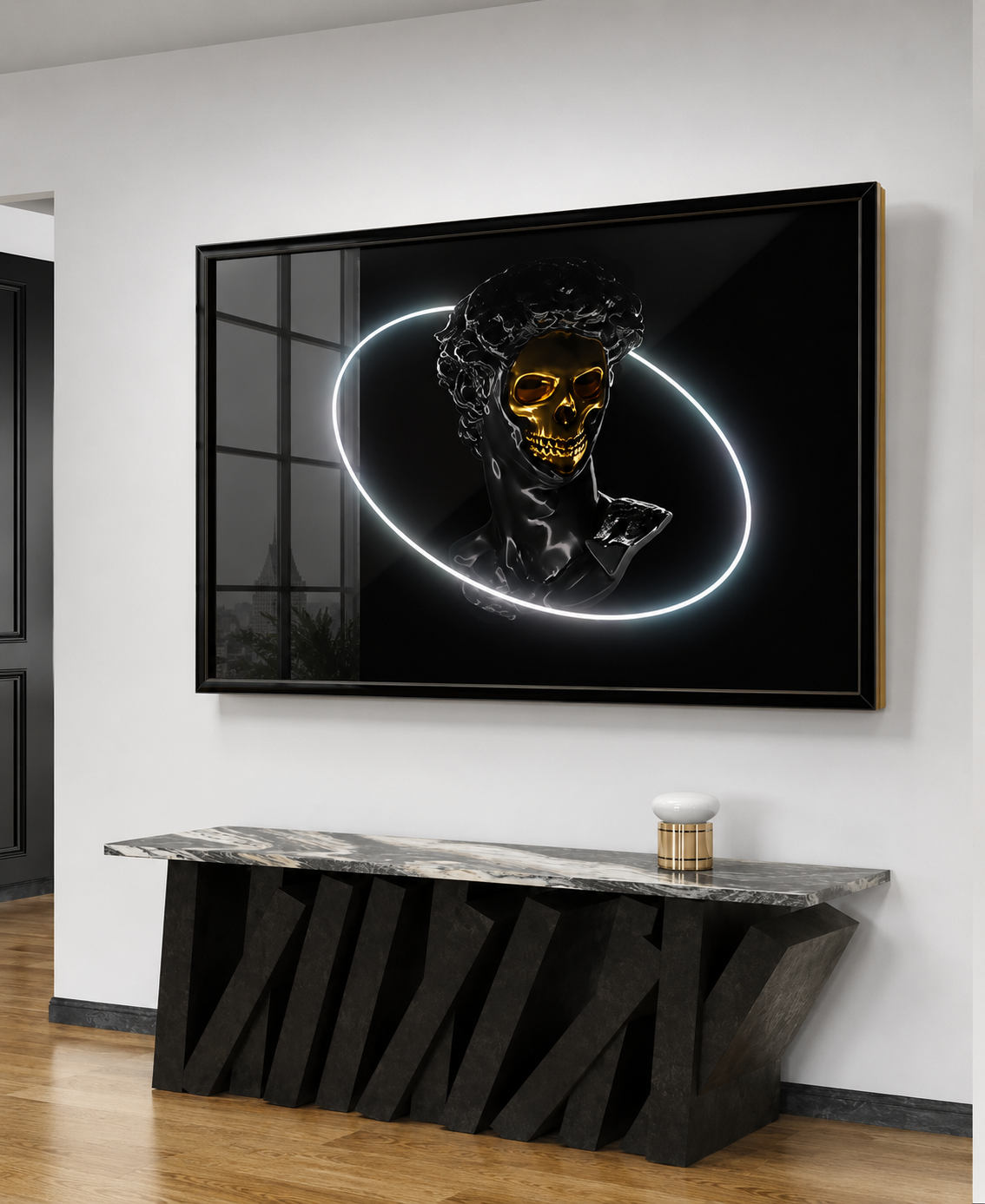 Neon Skull Statue Modern Glow Art