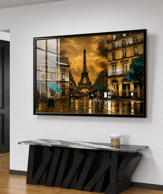 Paris in Gold Eiffel Tower Street Scene with Teal Accents