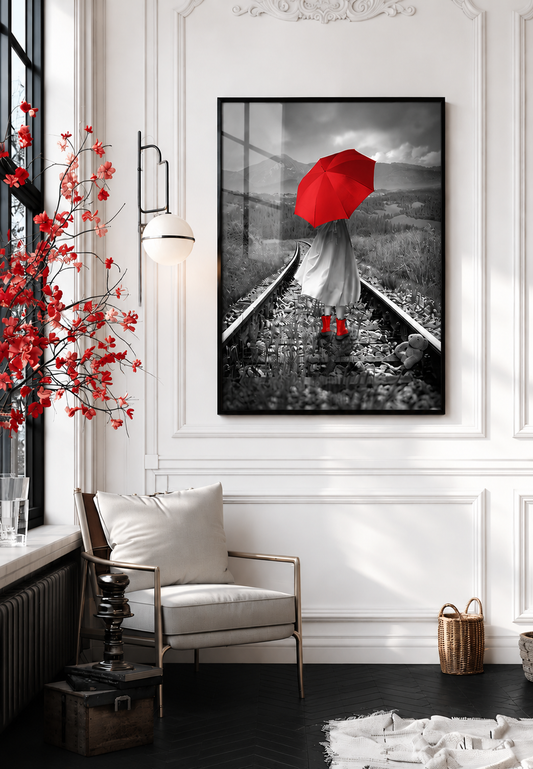 Girl With Red Umbrella on Tracks