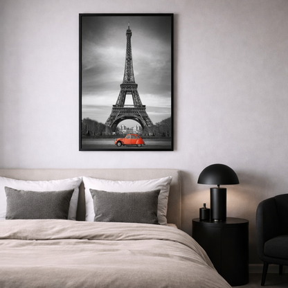 Eiffel Tower With Red Vintage Car