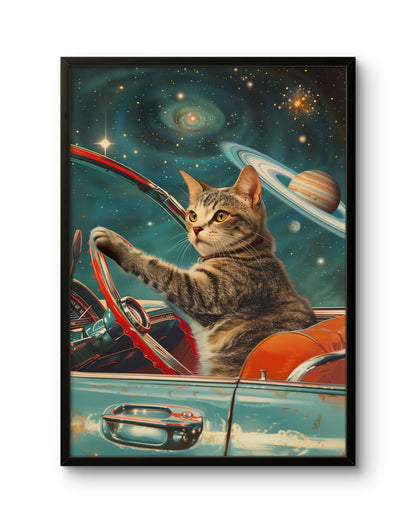 Space Cat Driving Poster